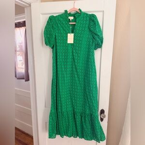 Entro Green Eyelet Midi Dress Puff Sleeve Size Large NWT